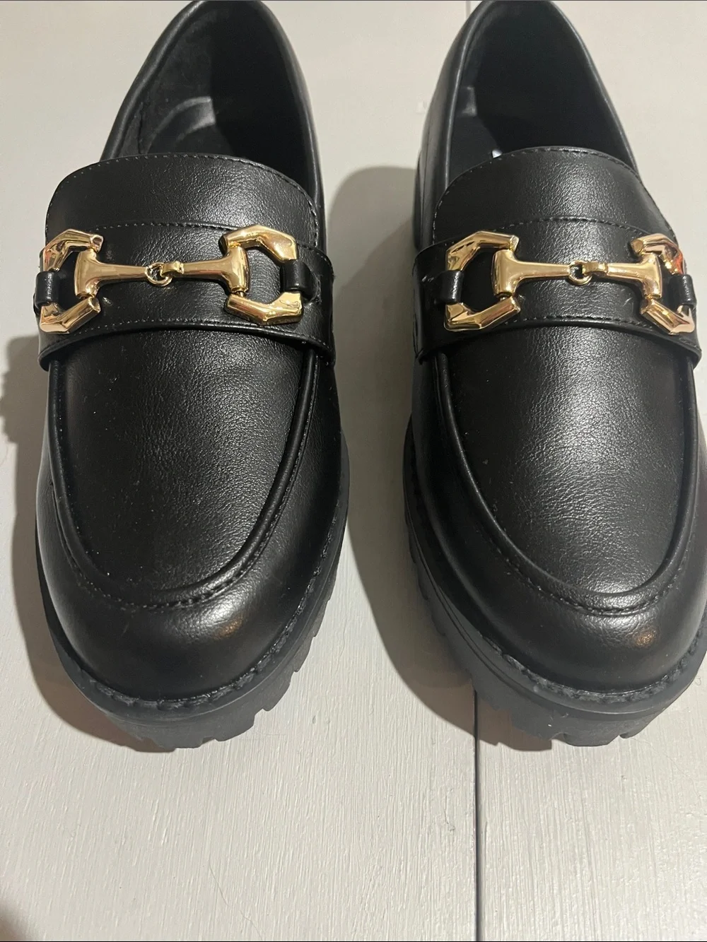 Black Platform Loafers with Gold Hardware